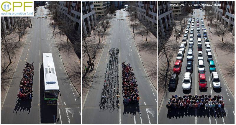 This meme is a series of three images showing a crowd of people standing on a road, with a bus and cars passing through. The first image shows the crowd standing on one side of the road, with a bus approaching. The second image shows the bus passing through the crowd, with the people standing on the other side of the road. The third image shows the crowd standing on both sides of the road, with the bus and cars passing through. The text in the image is "CPF" (Cycling Promotion Fund) and "www.cyclingpromotofn.com.au".